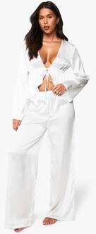Bruids Pajamaset Met Lange Mouwen En Strik Aan De Voorkant Top En Broek Pajamaset, White - 40