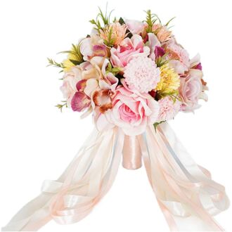 Bruiloft Bruidsboeket Kunstmatige Rose Chrysant Holding Bloemen Met Lint 83XF champagne