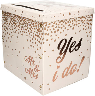 Bruiloft enveloppendoos wit met rosegouden hartjes en teksten - 30 x 25 x 30 cm - karton