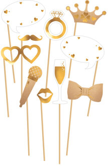 Bruiloft foto prop set - 10-delig - goud/wit - vrijgezellenfeest - photo booth accessoires - Fotoprops