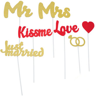 Bruiloft foto prop set - 8-delig - glitter - trouwen/vrijgezellenfeest - photo booth accessoires Goudkleurig