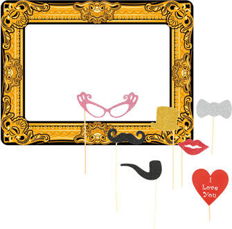 Bruiloft foto prop set met frame - 7-delig - glitter - vrijgezellenfeest - photo booth accessoires