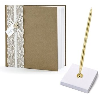 Bruiloft gastenboek vintage met luxe pen incl. houder