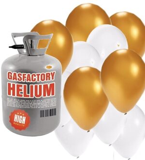 Bruiloft helium tankje met goud/witte ballonnen 50 stuks - Heliumtank