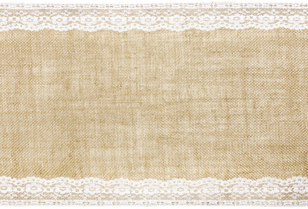 Bruiloft/huwelijk jute tafelloper 28 x 275 cm met wit kant