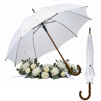 Bruiloft paraplu bruid/bruidegom - 2x - wit - houten handvat - dia 103 cm