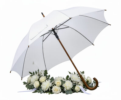 Bruiloft paraplu bruid/bruidegom - wit - houten handvat - dia 103 cm