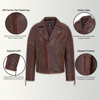 Bruin Brando leren bikerjack met dubbele kruisrits voor heren - Fagernes - XS