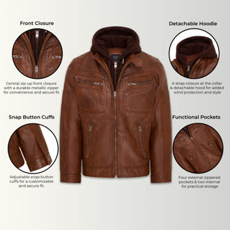 Bruin leren bikerjack met capuchon voor heren - Stavern - maat 2XL