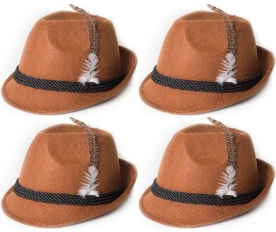 Bruin Tiroler hoedje - 4x - volwassenen - Oktoberfest feesthoeden - Alpenhoedje/jagershoedje