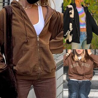 Bruin Zip Up Sweater Winter Jas Kleding Oversized Hoodies Vrouwen Plus Size Vintage Zakken Lange Mouwen Truien Xl