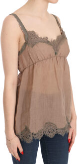 Bruine Kanten Spaghetti Top Blouse met Diepe V-hals