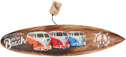 Bruine surfplank/surfboard wanddecoratie/muurdecoratie met VW busjes 40 cm - Tuindecoratie