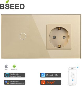 Bseed Mvava Wifi Touch Switch 1Gang 2Gang 3Gang Met Normale Eu Socket Zonder Wifi 3 Kleur Kristal glazen Paneel Smart Switch Alleen goud 1 Gang