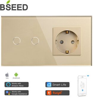 Bseed Mvava Wifi Touch Switch 1Gang 2Gang 3Gang Met Normale Eu Socket Zonder Wifi 3 Kleur Kristal glazen Paneel Smart Switch Alleen goud 2 Gang