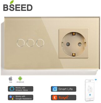 Bseed Mvava Wifi Touch Switch 1Gang 2Gang 3Gang Met Normale Eu Socket Zonder Wifi 3 Kleur Kristal glazen Paneel Smart Switch Alleen goud 3 Gang
