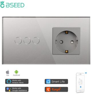 Bseed Mvava Wifi Touch Switch 1Gang 2Gang 3Gang Met Normale Eu Socket Zonder Wifi 3 Kleur Kristal glazen Paneel Smart Switch Alleen grijs 3 Gang