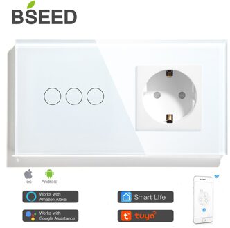 Bseed Mvava Wifi Touch Switch 1Gang 2Gang 3Gang Met Normale Eu Socket Zonder Wifi 3 Kleur Kristal glazen Paneel Smart Switch Alleen wit 3 Gang