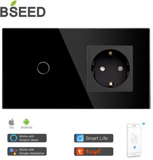 Bseed Mvava Wifi Touch Switch 1Gang 2Gang 3Gang Met Normale Eu Socket Zonder Wifi 3 Kleur Kristal glazen Paneel Smart Switch Alleen zwart 1 Gang