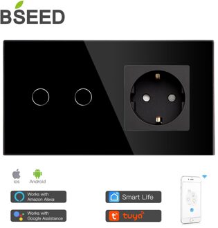 Bseed Mvava Wifi Touch Switch 1Gang 2Gang 3Gang Met Normale Eu Socket Zonder Wifi 3 Kleur Kristal glazen Paneel Smart Switch Alleen zwart 2 Gang