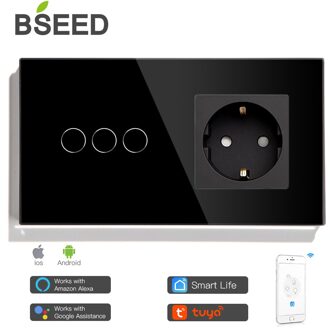 Bseed Mvava Wifi Touch Switch 1Gang 2Gang 3Gang Met Normale Eu Socket Zonder Wifi 3 Kleur Kristal glazen Paneel Smart Switch Alleen zwart 3 Gang
