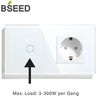 BSEED Touch Light Switch With EU Wall Socket White Black Golden 300W Wall Switch 1/2/3Gang 1Way Crystal Glass Panel Backlight