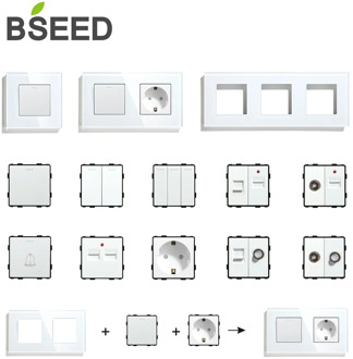 BSEED Wall Light Switches Glass Panel Parts White USB Sockets Function Parts DIY EU CAT5 TV Sockets Power Outlet Parts