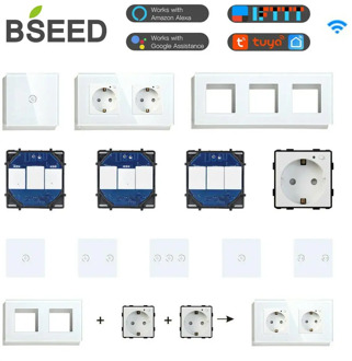 BSEED WIFI Wall Light Switches Glass Panel Parts White Smart Touch Switches Function Parts EU Sockets Power Outlet Parts