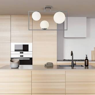 Buble plafondlamp, staalkleurig, 3-lamps, glas geborsteld staal, opaalwit