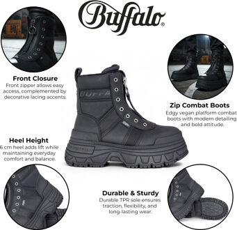 Buffalo Dames Zwarte Chunky Platform Front Zip Hoge Enkel Combat Boots - Fusion - EU 36