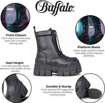 Buffalo Dames Zwarte Chunky Platform Front Zip Hoge Enkel Combat Boots - Gospher