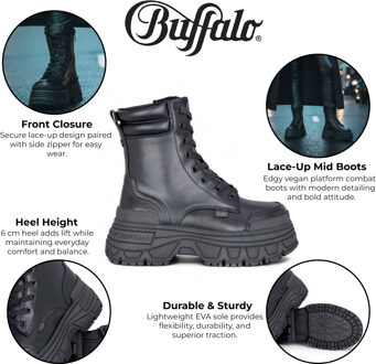 Buffalo Dames Zwarte Chunky Platform Veterschoenen Mid High Combat Boots - Fusion - EU 40