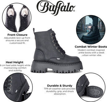 Buffalo Dames Zwarte Chunky Platform Warme Hoge Enkel Combat Boots - ASPEN-LACE-UP