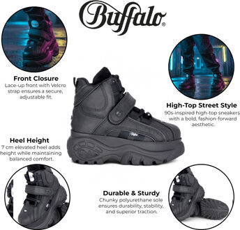 Buffalo Dames Zwarte Leren Dikke Platform Hoge Enkellaarzen - 1348-14 2.0