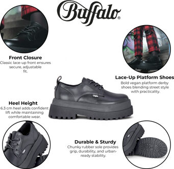 Buffalo Dames Zwarte Veterschoenen met Dikke Platforms - Pluto