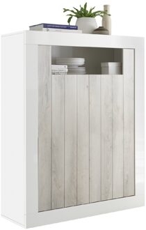 Buffetkast Urbino 144 cm hoog in hoogglans wit met grenen wit Wit,Bruin,Hoogglans wit