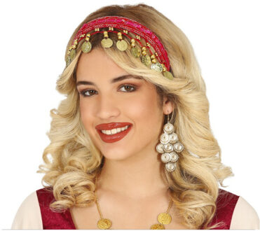 Buikdanseres haarband/diadeem met muntjes - fuchsia roze - dames verkleedaccessoire