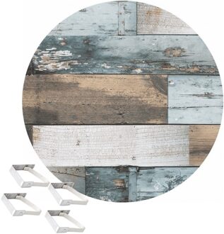 Buiten tafelkleed/tafelzeil blauw hout print - D160 cm - rond - met 4 tafelkleedklemmen