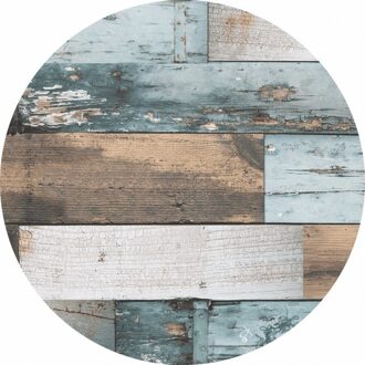 Buiten tafelkleed/tafelzeil - blauw/hout print - D160 cm - rond - tafeldecoratie