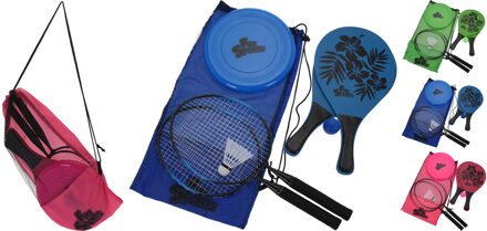 Buitenspeelset In Tas Met Beachballset, Badmintonset En Frisbee blauw