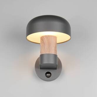 Buitenwandlamp Fraser Sensor, grijs/houtlook, aluminium IP54 E27 hout, donkergrijs
