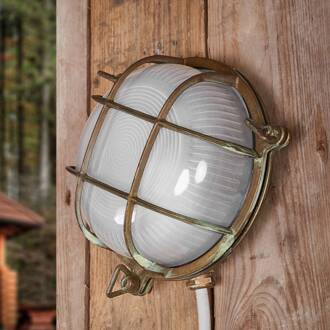 Buitenwandlamp Tortuga, rond, messing-antiek/opaal messing antiek, wit opaal