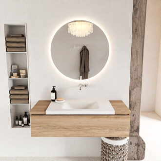 BUKLA 120cm badmeubel onderkast kleur Washed Oak met 1 lade. Wastafel CLOUD midden 0 kraangaten kleur Talc.