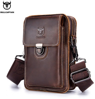 BULLCAPTAIN Crazy horse leather Male Waist Pack Phone Pouch Bags Waist Bag Men's Small chest Shoulder Belt Bag back pack075
