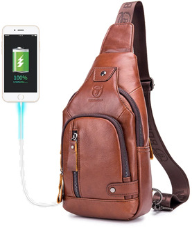 BULLCAPTAIN Leather Men's chest pocket One crossbody bags with USB rechargeable chest bag can be used for 7.9 inch iPai pockets