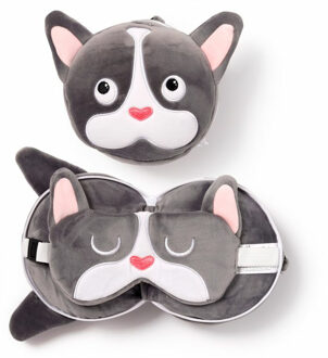 Bulldog knuffel/reiskussen/slaapmasker - 2-in-1 set - voor kinderen