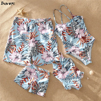 bunvel Summer Family Matching Clothes Swimwear Bohemian Flower Mommy And Me Kids Baby Girls Boys Beach Wear Swimming Suit 2020