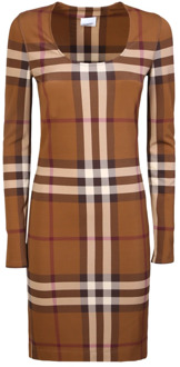 Burberry Iconische Check Print Bruine Jurk Burberry , Brown , Dames - S,2Xs