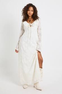 Burnout Bloemen Maxi-Jurk Met Uitlopende Mouwen, Cream - 38