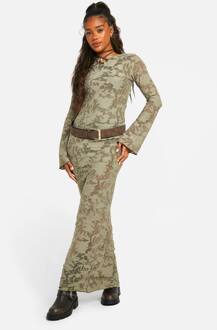 Burnout Mesh Maxi-Jurk Met Uitlopende Mouwen, Khaki - 42